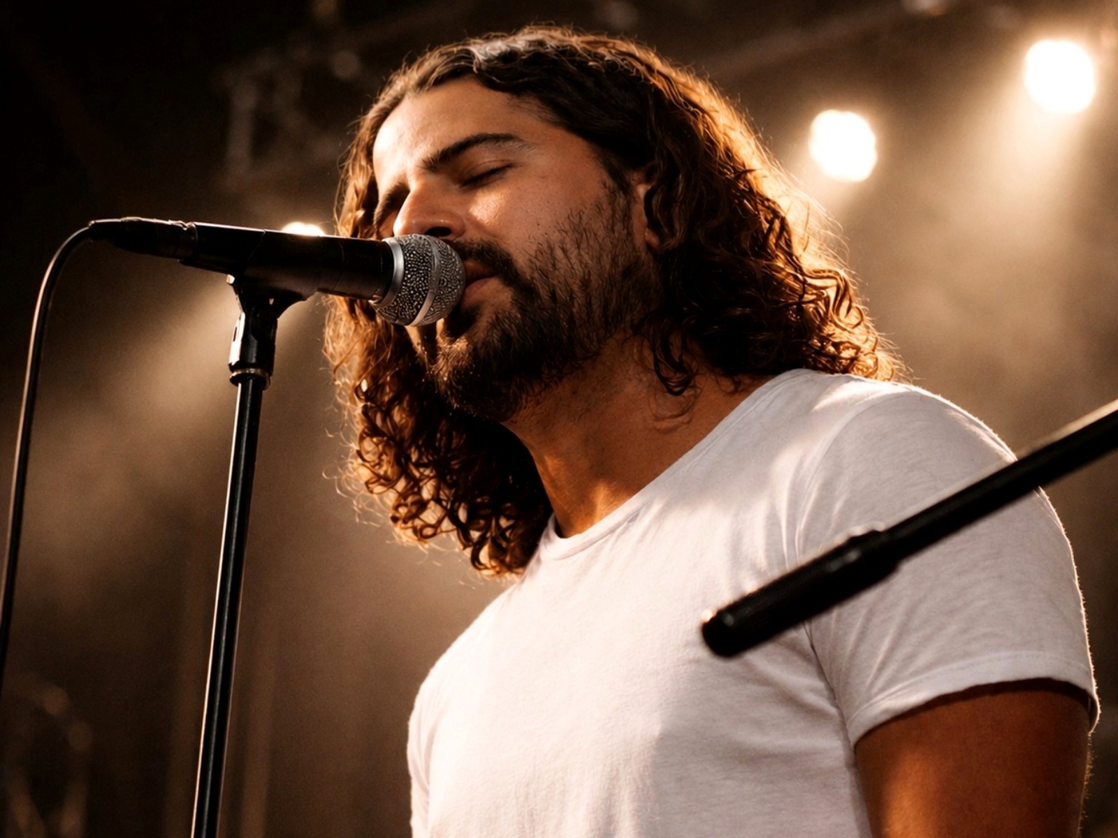 anand performing live at a microphone
